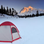 Tent and mt shuksan at sunset in winter